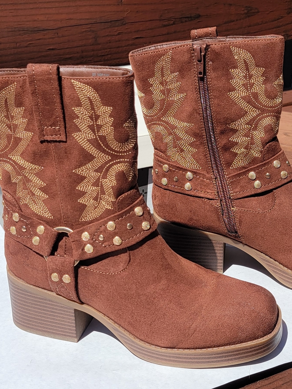 Sun + Stone Rust Brown Suede Studded Western Mid-Calf Boots - Picture 4 of 10
